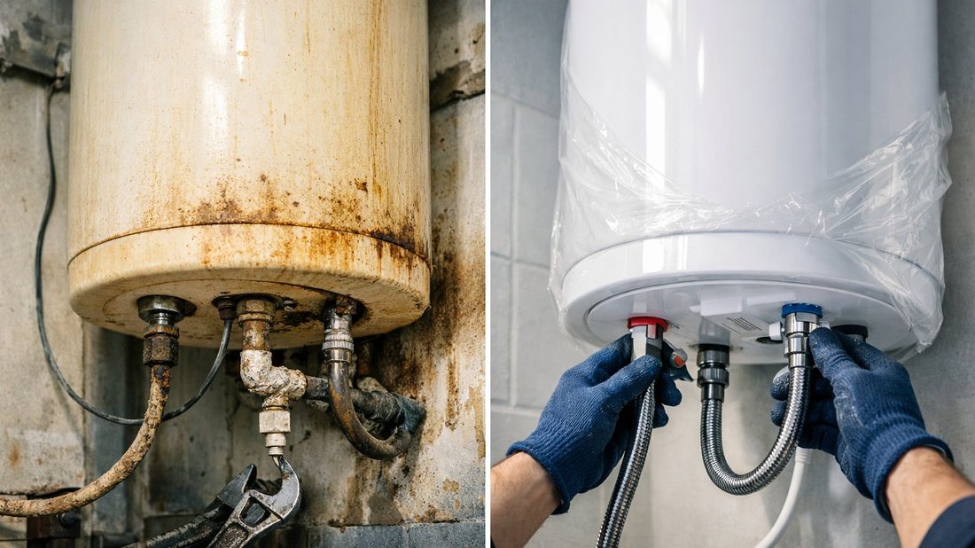Termo eléctrico antiguo con óxido siendo retirado junto a termo nuevo blanco listo para instalar