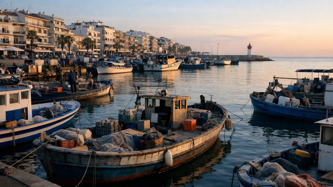 Puerto pesquero de Cambrils al amanecer con barcas tradicionales amarradas y faro al fondo
