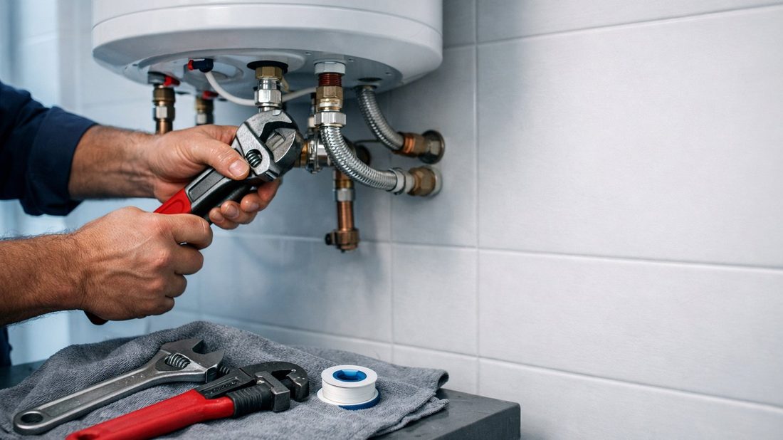 Técnico de Tarratermo conectando latiguillos de un termo eléctrico en una vivienda de Tarragona