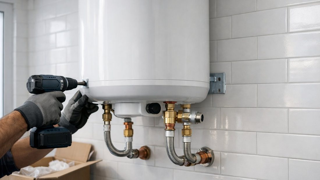 Instalación de termo eléctrico nuevo en una vivienda de Tarragona con kit de latiguillos y válvula de seguridad