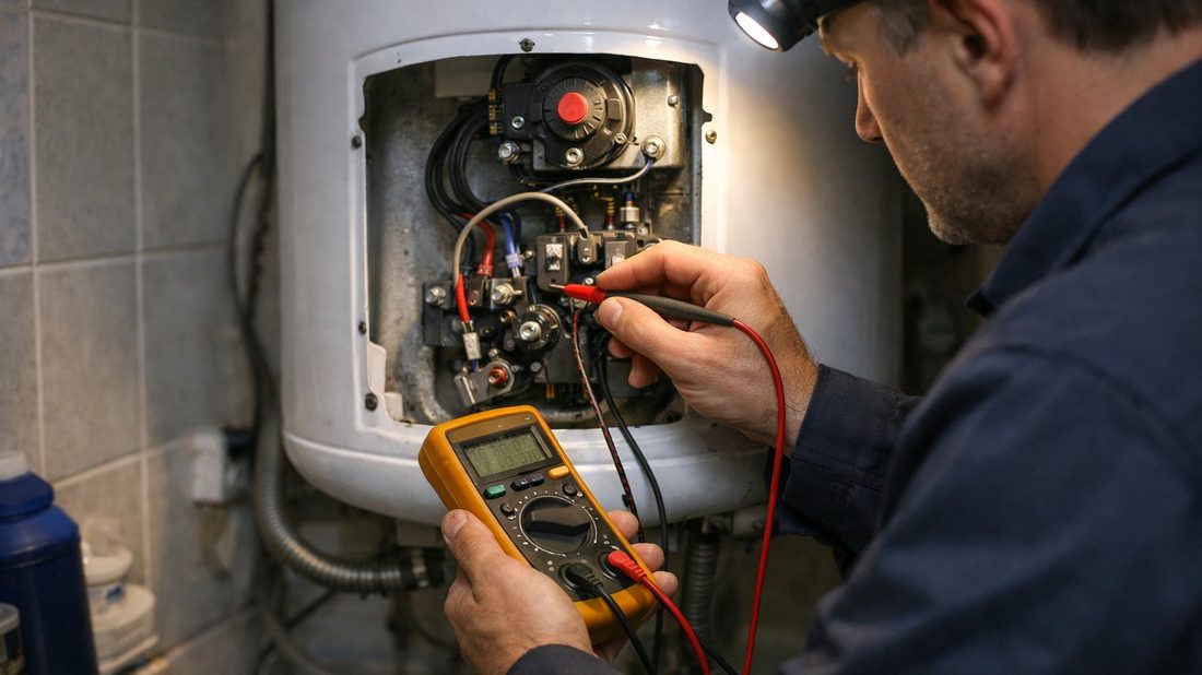 Técnico con linterna frontal diagnosticando el panel eléctrico de un termo con multímetro digital