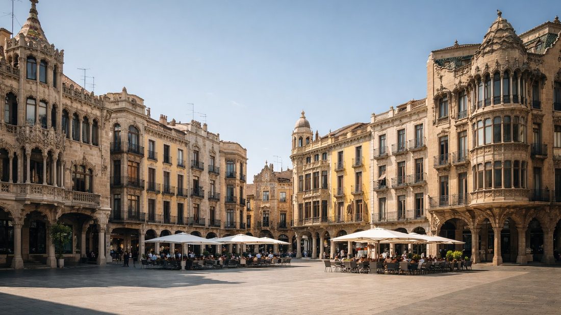 Plaza del Mercadal de Reus con edificios modernistas gaudinianos bajo cielo azul mediterráneo