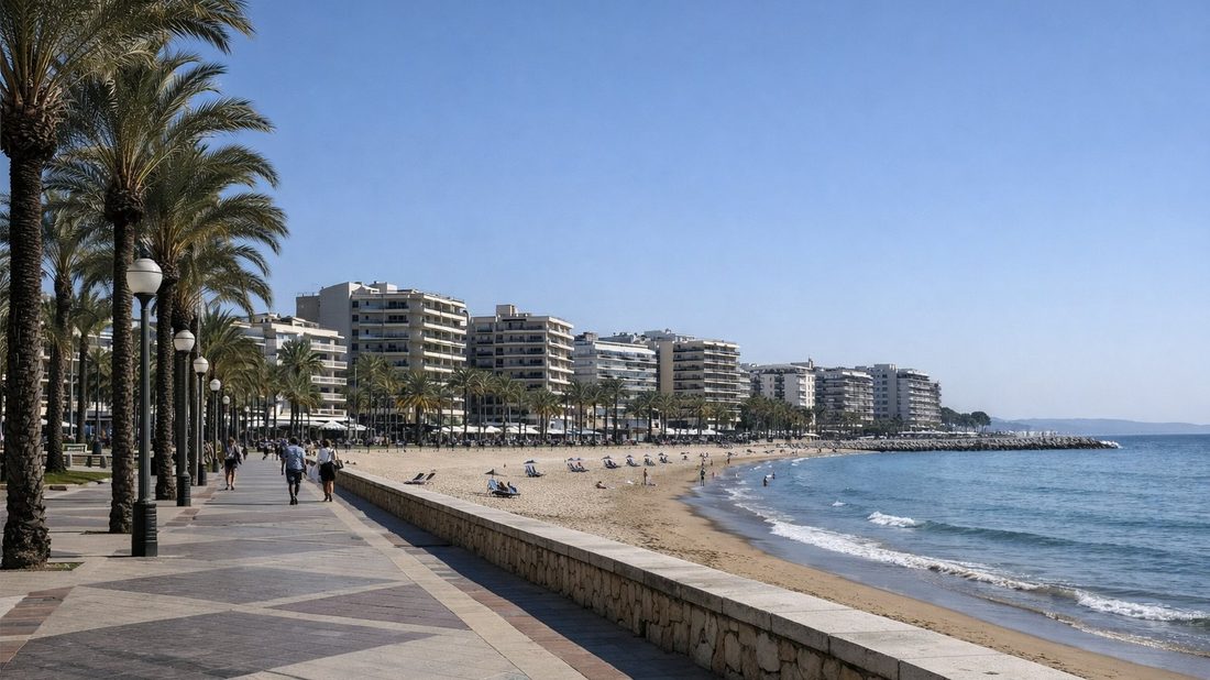 Passeig Jaume I de Salou con palmeras y edificios de apartamentos frente a la Platja de Llevant