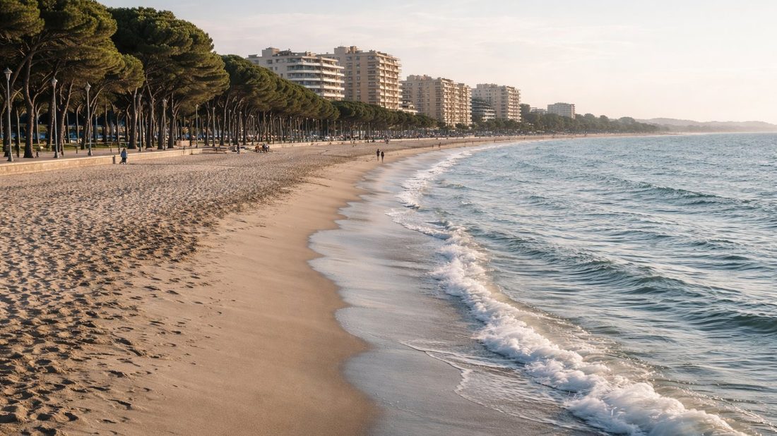 Playa de La Pineda con pinares, arena dorada y edificios de apartamentos al atardecer